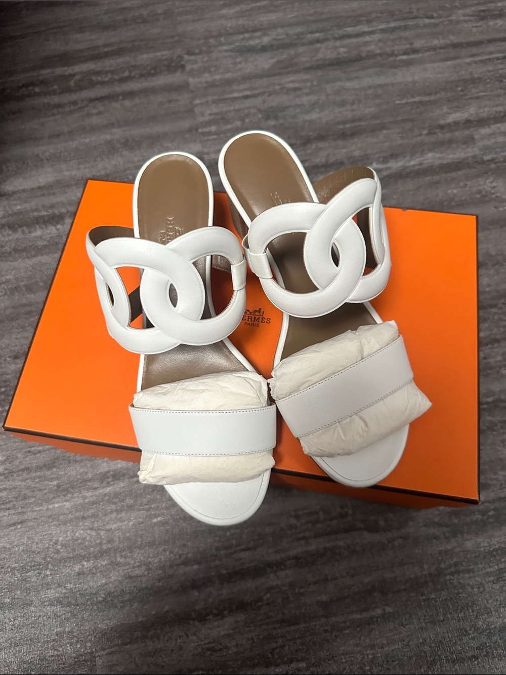 Hermes White Leather Slide Mules